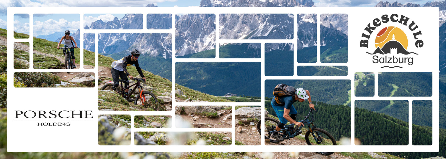 Drei Mountainbiker auf einem Singletrail vor einer Bergkulisse.