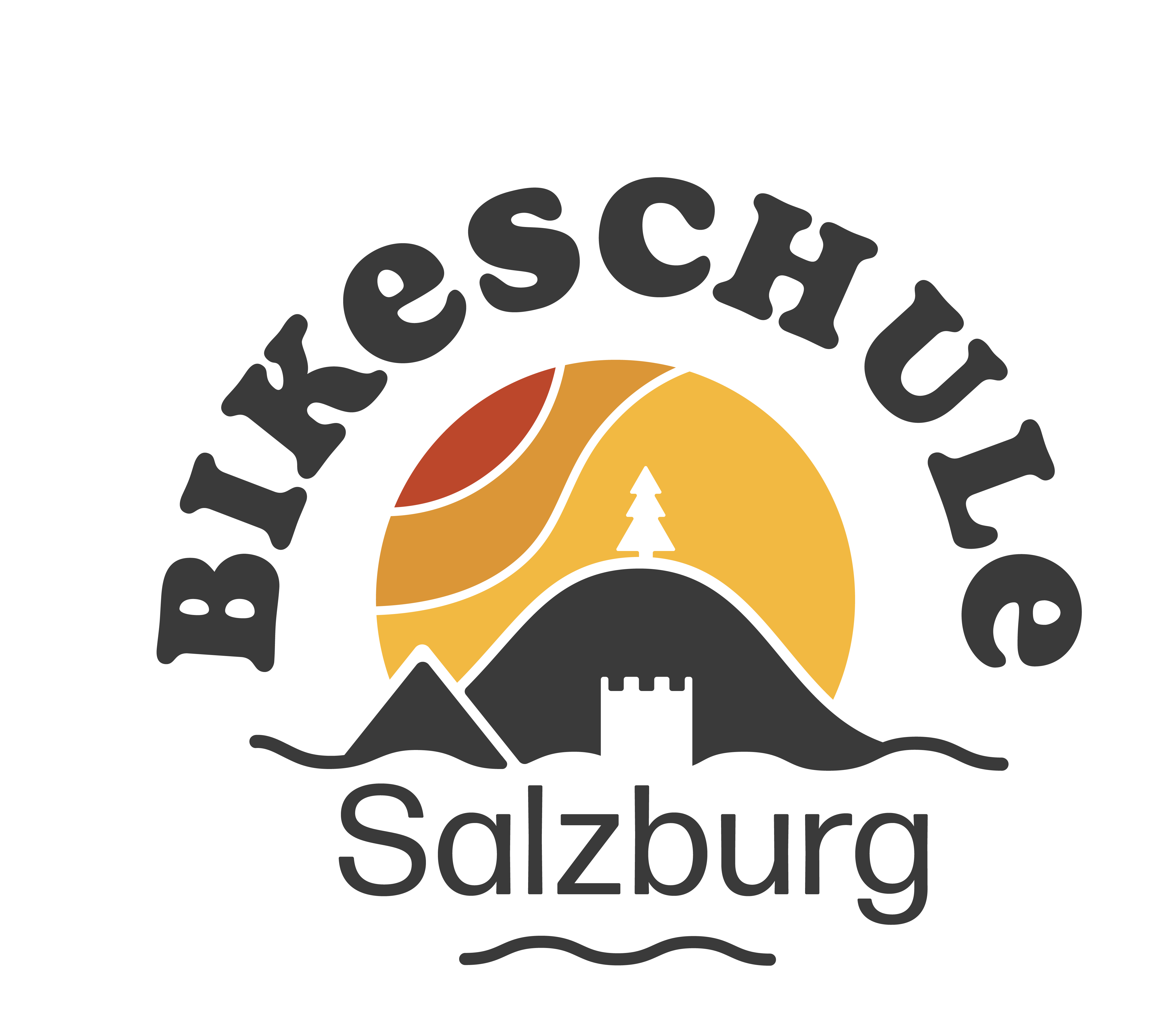 Das Logo der Bikeschule Salzburg, welches die Silhouette Salzburgs inklusive der Festung sowie Gaisberg und Nockstein zeigt